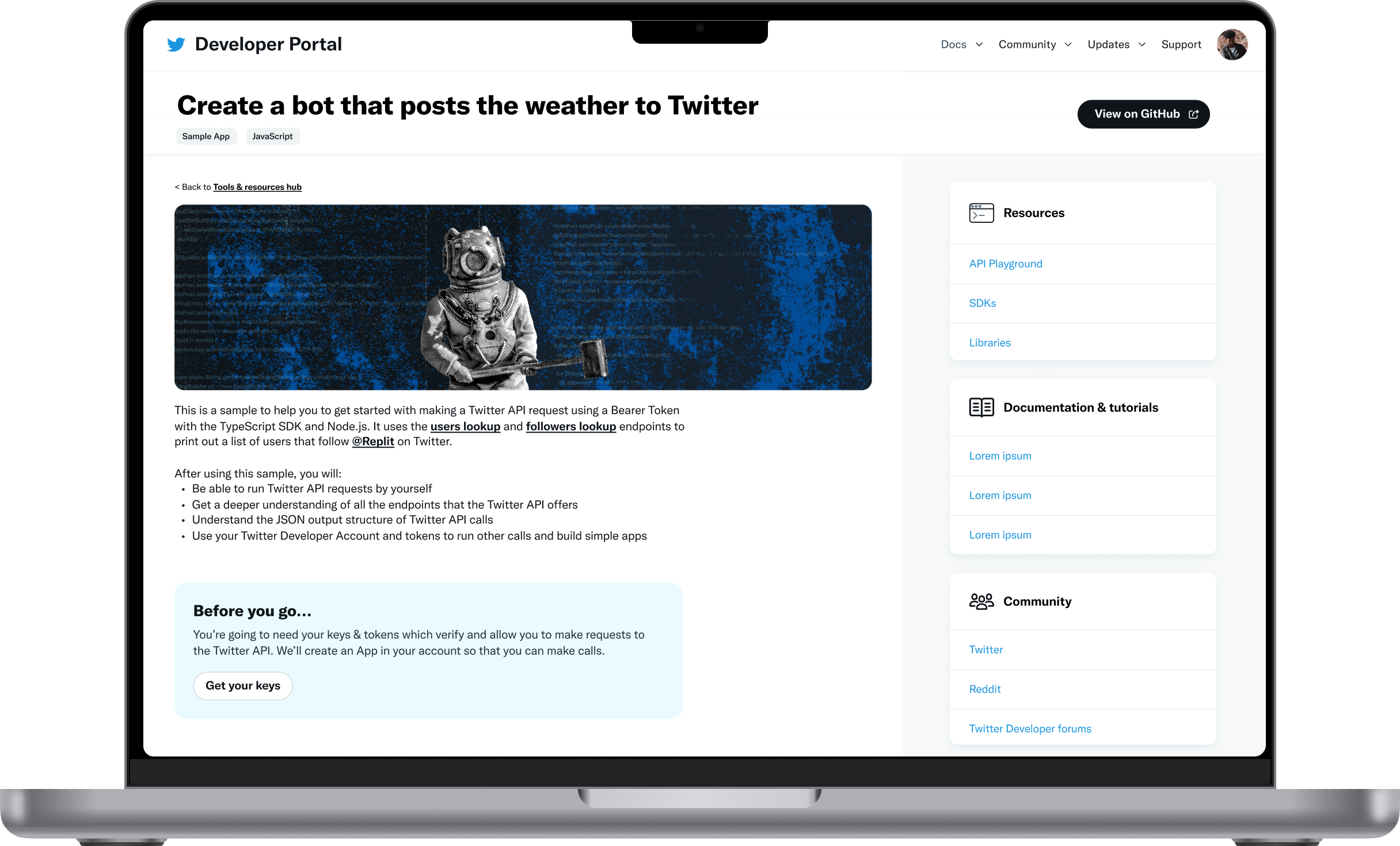 Onboarding - sample app landing page